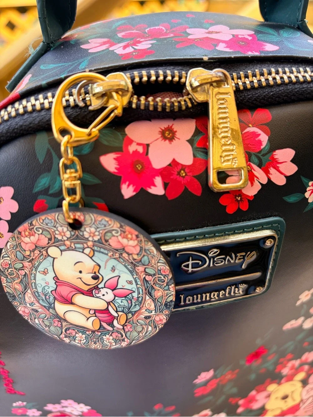 Loungefly Black Floral Winnie the Pooh Backpack with Matching Wallet